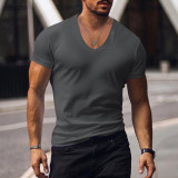 Men's V-neck solid color large casual T-shirt short sleeved men's clothing