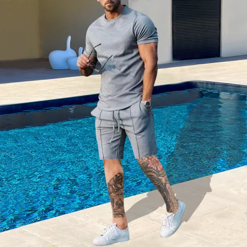 Summer two-piece short sleeved T-shirt casual fashion men's shorts multi-color set