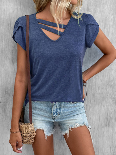 New Women's Solid V-Neck Petal Sleeve Loose fitting T-shirt