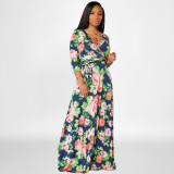 Flower printed high waisted large size women's dress with waistband