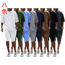 Casual men's suit loose fitting short sleeved men's T summer shorts solid color men's clothing
