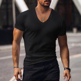 Men's V-neck solid color large casual T-shirt short sleeved men's clothing