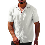 Summer casual lapel solid color short sleeved button men's linen shirt men's clothing