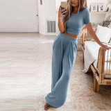 New Short Sleeve Solid Knitted Casual Home Two Piece Set for Women