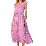V-neck waistband large skirt with polka dot print dress for women