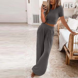 New Short Sleeve Solid Knitted Casual Home Two Piece Set for Women