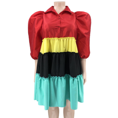 Spliced contrast color bubble sleeve large swing skirt for women's dress in large size
