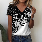 New Women's Flower Print V-Neck Short Sleeve Print T-shirt