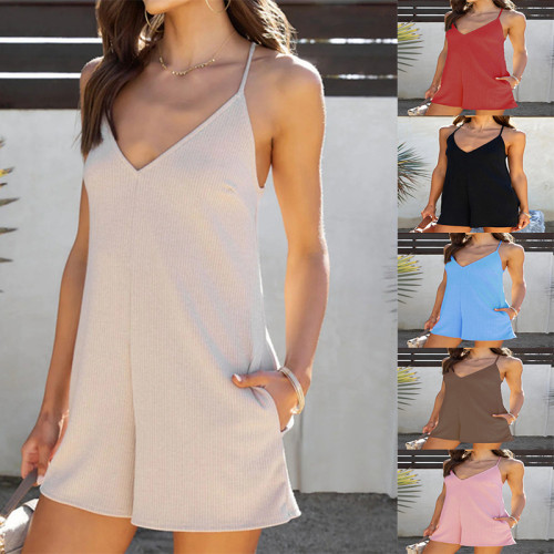 Summer New Style Sling Adjustable Pocket Casual Loose One Piece Shorts