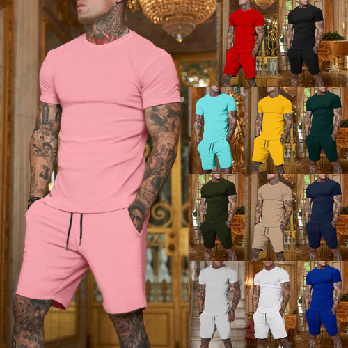 Men's solid color multi-color short sleeved T-shirt sports youth set
