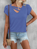 New Women's Solid V-Neck Petal Sleeve Loose fitting T-shirt