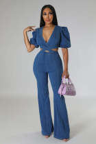 Pleated Lantern Sleeves, Bubble Sleeves, Fashion, Casual, Sexy Denim Hollow Out jumpsuit