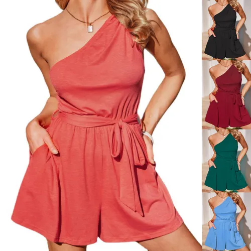 Off shoulder lace up pocket street casual solid color jumpsuit shorts for women