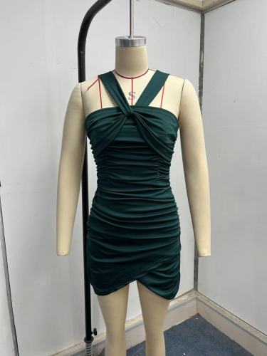 Sexy Cross Twisted Strap Open Back Pleated Wrapped Hip Dress