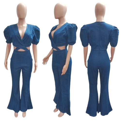 Pleated Lantern Sleeves, Bubble Sleeves, Fashion, Casual, Sexy Denim Hollow Out jumpsuit
