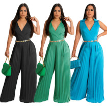 Sleeveless Style Casual V-neck Waist Fold Loose Wide Leg Jumpsuit