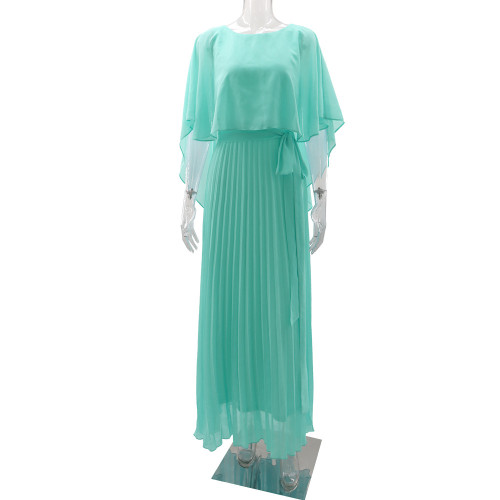 Solid color shawl evening dress high waisted women's chiffon pleated dress