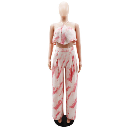 Open back sexy hanging neck bra temperament loose print pants two-piece set