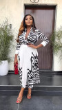 Zebra patterned long sleeved shirt casual pleated half length skirt spring/summer two-piece set