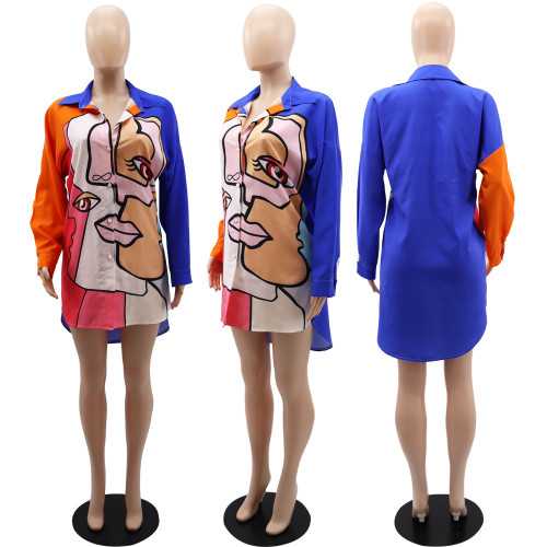 Polo neck long sleeved printed casual patchwork irregular hem shirt style dress