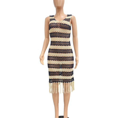 Fashionable and Sexy Sleeveless Knitted Crochet Fringe Beach Dress