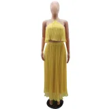 Sexy Open Back Hanging Neck Tank Top Fresh Pleated Half length Dress Two Piece Set