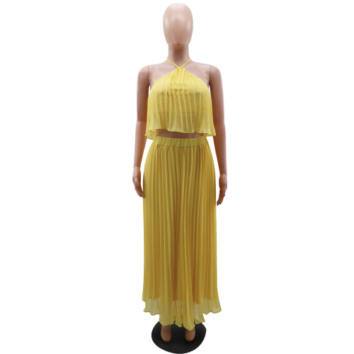 Sexy Open Back Hanging Neck Tank Top Fresh Pleated Half length Dress Two Piece Set