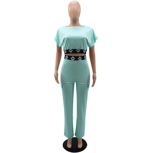 Women's short sleeved top, summer solid color versatile, loose fitting straight leg pants, two-piece set