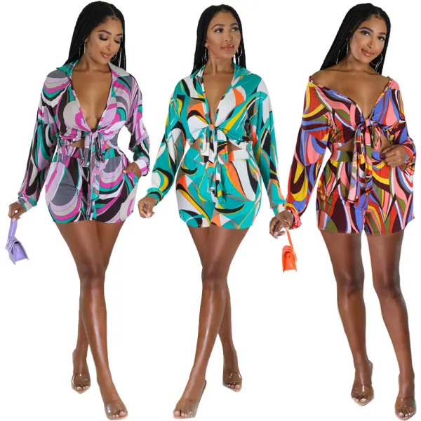 Strap Long Sleeve Cardigan Beach 3/4 Hot Pants Holiday Style Two Piece Set