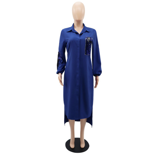 Long sleeved irregular sequin women's mid length Polo shirt style dress