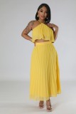 Sexy Open Back Hanging Neck Tank Top Fresh Pleated Half length Dress Two Piece Set