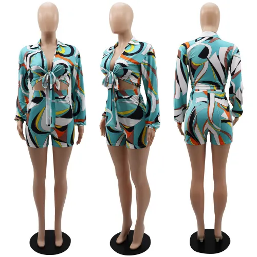Strap Long Sleeve Cardigan Beach 3/4 Hot Pants Holiday Style Two Piece Set