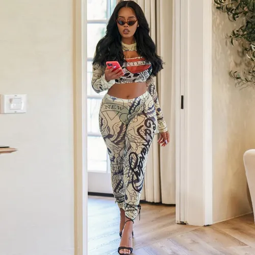 Mesh Perspective Fashion Set Round Neck Hollow out Print Long Sleeve Top High Waist Bottom Two Piece Set