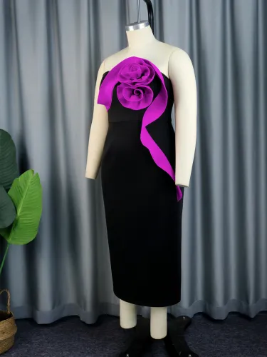 Women's three-dimensional floral dress with contrasting color design and sleeveless straight neck
