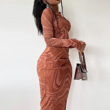 Skinny mid length dress with round neck and long sleeve printed buttocks skirt pullover