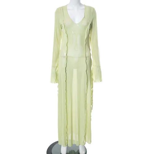 Low cut flared sleeve lace long mesh dress