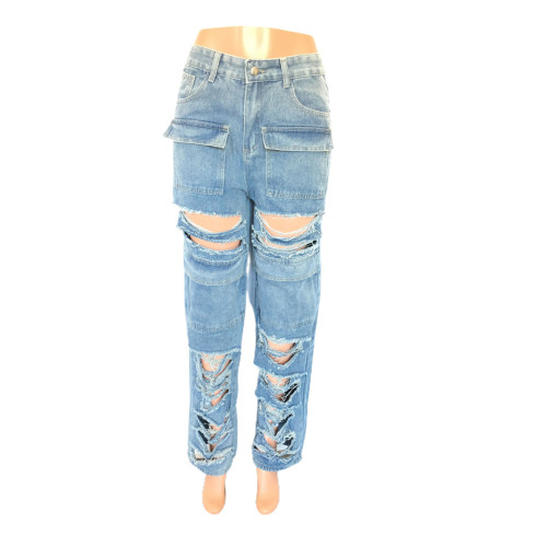 Loose fitting high waisted wide leg torn jeans casual pants