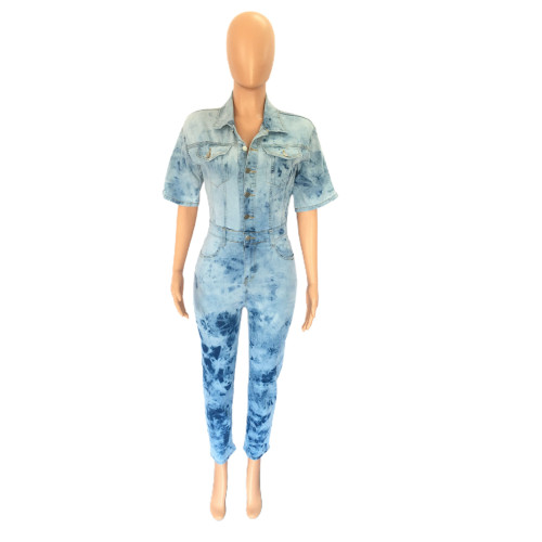 Sexy and fashionable wash, tie, flower, and float denim jumpsuit