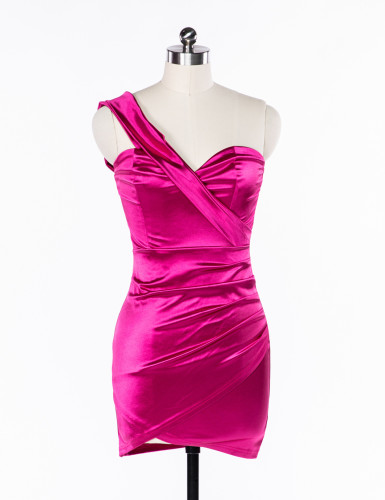 One Shoulder Wrapped Chest Dress with Irregular Design and Temperament Evening Dress