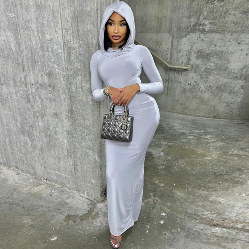 Hooded Solid Color Skinny Dress Long Step Wrap Hip Dress Long Sleeve Pullover Skirt