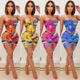 Women's sexy wrap chest perspective mesh printed drawstring short skirt two-piece set