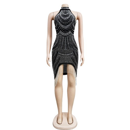 Women's Solid Color Hot Diamond Sleeveless Hanging Neck Short Dress Dress