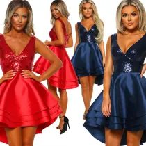 Women's sexy V-neck sequin front short back long dress
