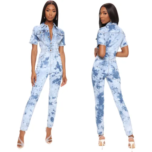 Sexy and fashionable wash, tie, flower, and float denim jumpsuit