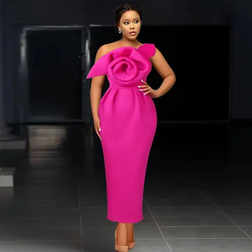Single Shoulder Oblique Collar 3D Flower Dress