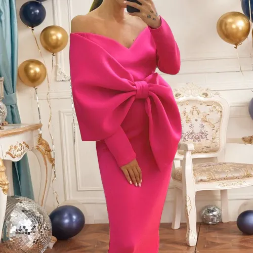 Sexy Deep V Bow High Waist Wrap Hip Party Large Women's Dress