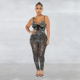 Women's solid color mesh hot diamond sleeveless long pants jumpsuit