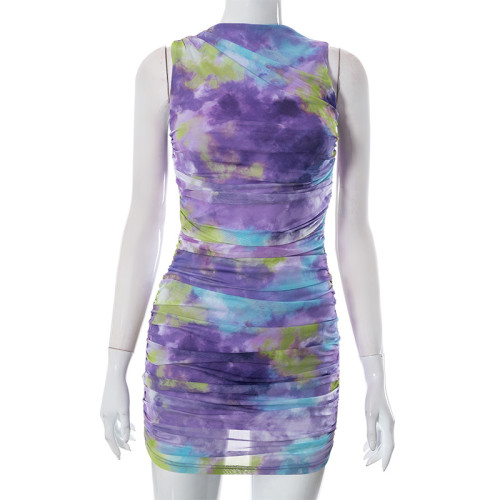 Round Sleeveless Tie Dyed Mesh Spicy Girl Dress