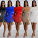 Women's solid color mesh feather hot diamond long sleeved short skirt dress