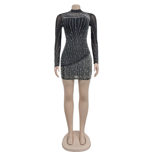 Fashionable women's long sleeved hot pressed diamond mesh perspective short skirt dress